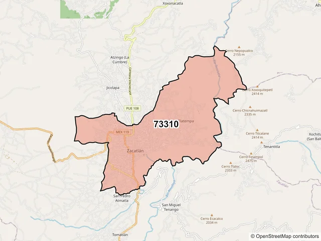 Mapa del código postal 73310, Zacatlán, Puebla