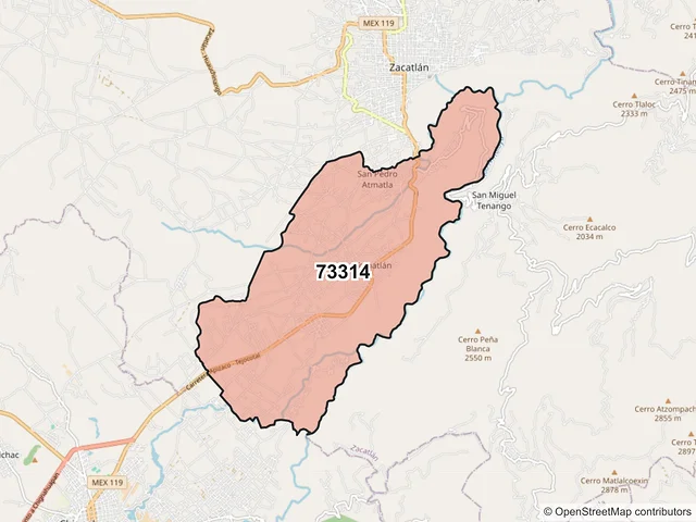 Mapa del código postal 73314, Zacatlán, Puebla