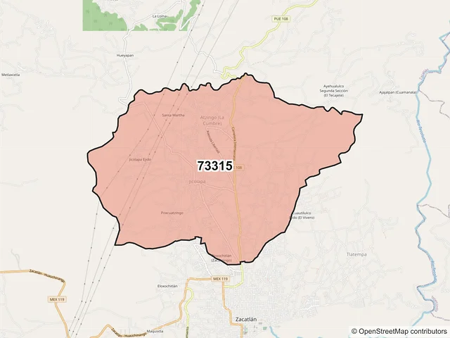 Mapa del código postal 73315, Zacatlán, Puebla