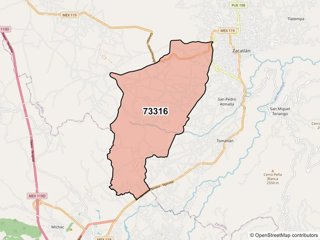 Mapa del código postal 73316, Zacatlán, Puebla