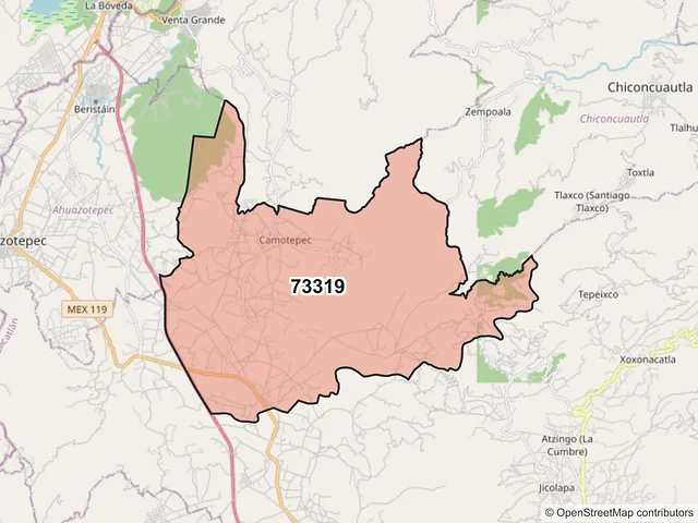Mapa del código postal 73319, Zacatlán, Puebla