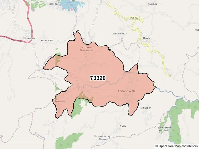 Mapa del código postal 73320, Chiconcuautla, Puebla