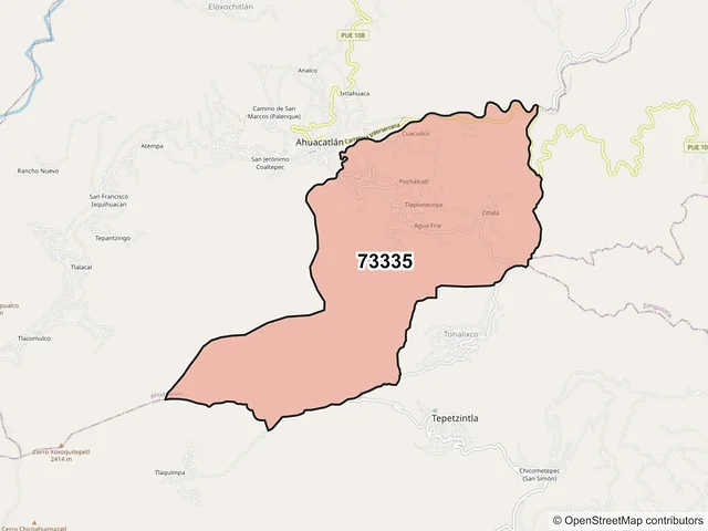 Mapa del código postal 73335, Ahuacatlán, Puebla