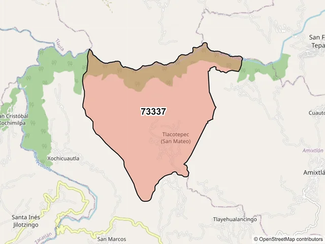 Mapa del código postal 73337, Ahuacatlán, Puebla