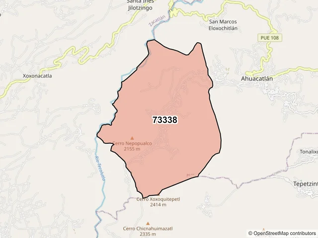 Mapa del código postal 73338, Ahuacatlán, Puebla