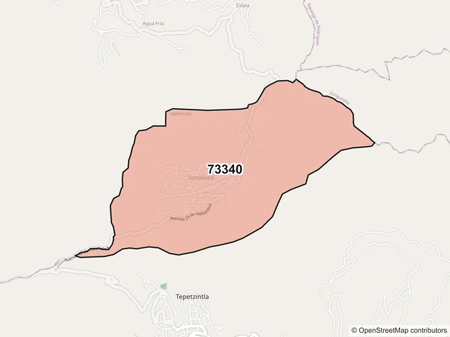 Mapa del código postal 73340, Tepetzintla, Puebla