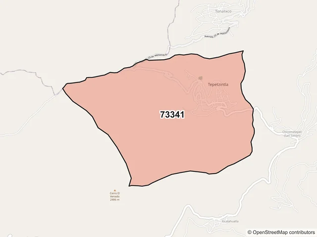 Mapa del código postal 73341, Tepetzintla, Puebla