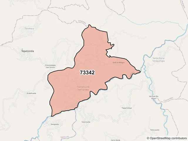 Mapa del código postal 73342, Tepetzintla, Puebla