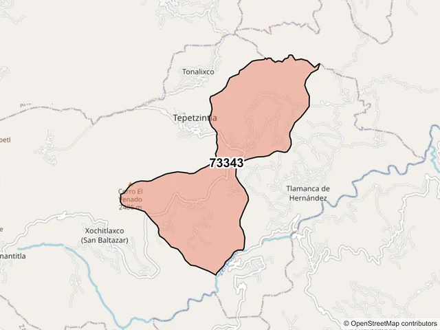 Mapa del código postal 73343, Tepetzintla, Puebla
