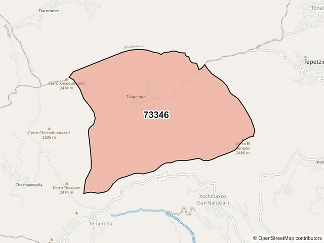 Mapa del código postal 73346, Tepetzintla, Puebla