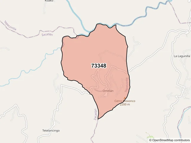 Mapa del código postal 73348, Tepetzintla, Puebla
