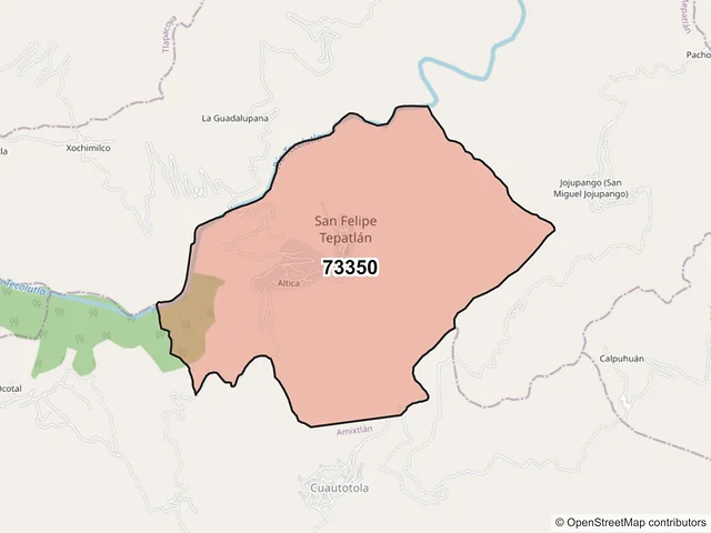 Mapa del código postal 73350, San Felipe Tepatlán, Puebla