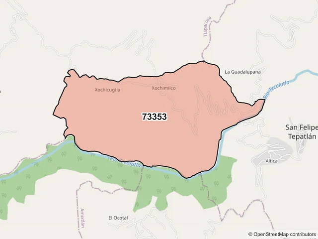 Mapa del código postal 73353, San Felipe Tepatlán, Puebla