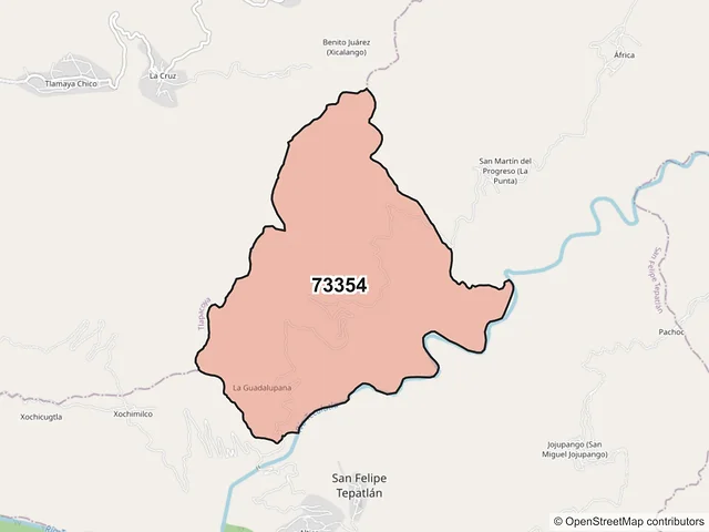 Mapa del código postal 73354, San Felipe Tepatlán, Puebla