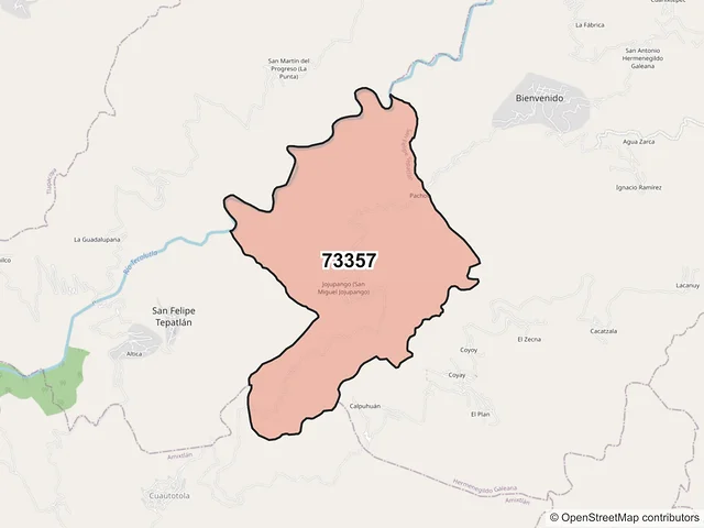Mapa del código postal 73357, San Felipe Tepatlán, Puebla