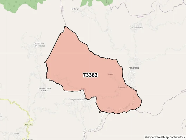 Mapa del código postal 73363, Amixtlán, Puebla