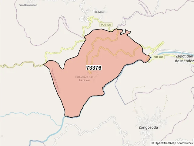 Mapa del código postal 73376, Tepango de Rodríguez, Puebla