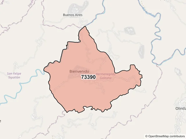 Mapa del código postal 73390, Hermenegildo Galeana, Puebla