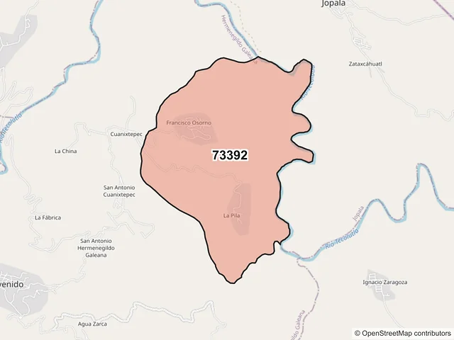 Mapa del código postal 73392, Hermenegildo Galeana, Puebla