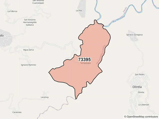 Mapa del código postal 73395, Hermenegildo Galeana, Puebla