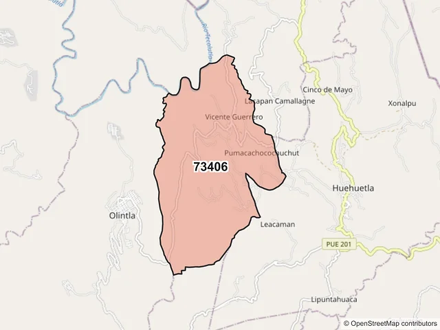 Mapa del código postal 73406, Olintla, Puebla