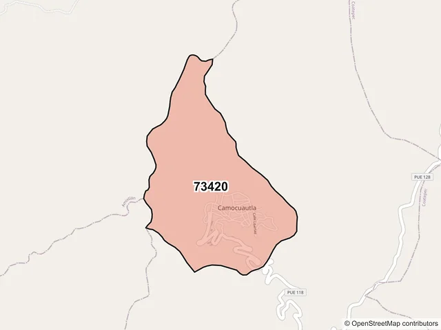 Mapa del código postal 73420, Camocuautla, Puebla