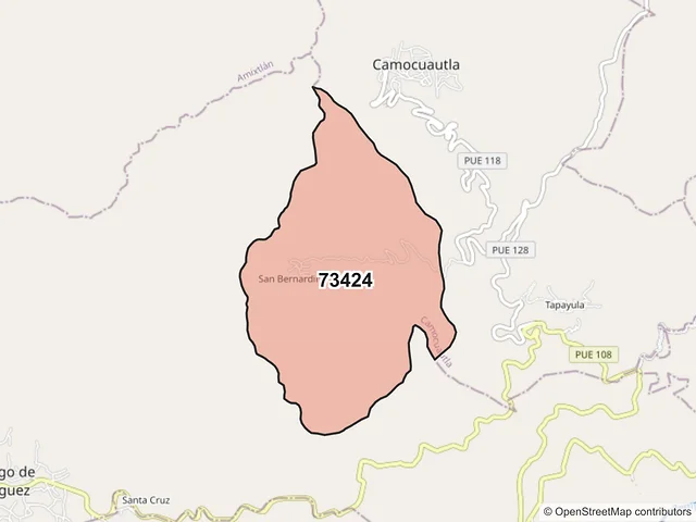 Mapa del código postal 73424, Camocuautla, Puebla