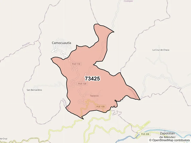 Mapa del código postal 73425, Camocuautla, Puebla