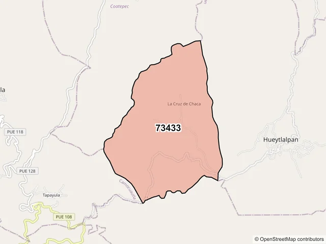 Mapa del código postal 73433, Hueytlalpan, Puebla