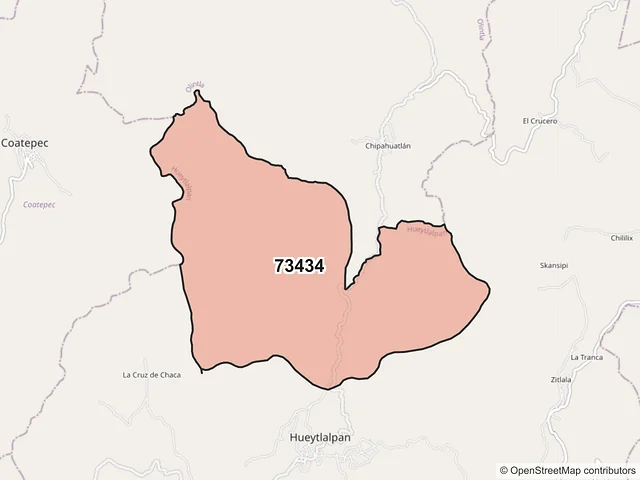 Mapa del código postal 73434, Hueytlalpan, Puebla