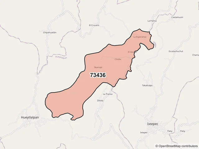 Mapa del código postal 73436, Hueytlalpan, Puebla