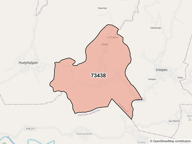 Mapa del código postal 73438, Hueytlalpan, Puebla