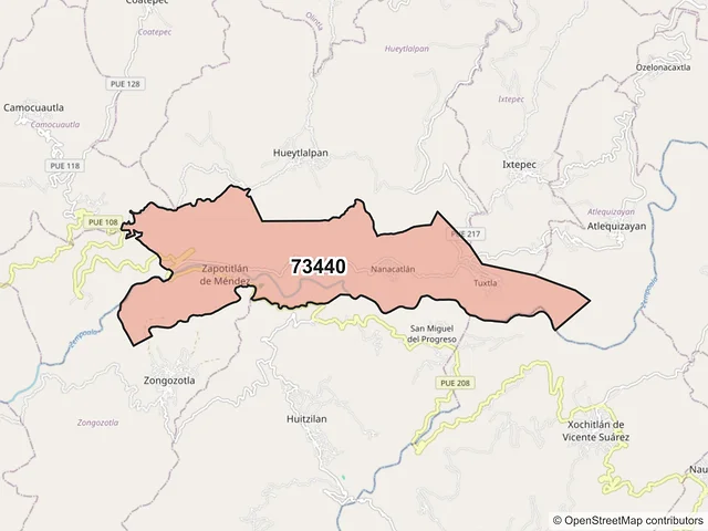Mapa del código postal 73440, Zapotitlán de Méndez, Puebla