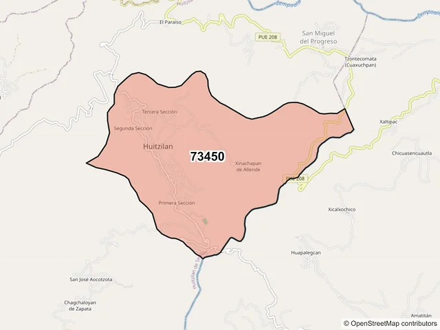 Mapa del código postal 73450, Huitzilan de Serdán, Puebla