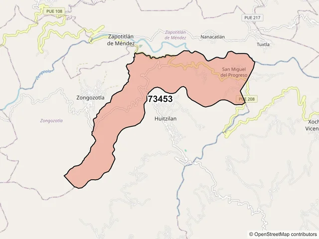 Mapa del código postal 73453, Huitzilan de Serdán, Puebla