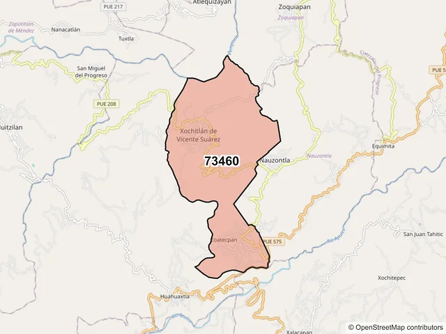 Mapa del código postal 73460, Xochitlán de Vicente Suárez, Puebla