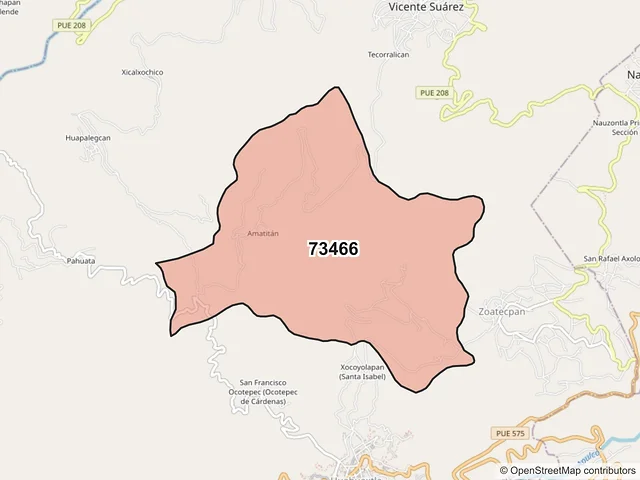 Mapa del código postal 73466, Xochitlán de Vicente Suárez, Puebla