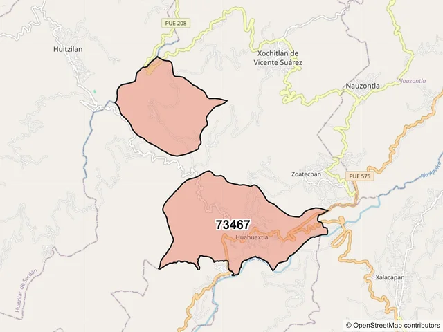 Mapa del código postal 73467, Xochitlán de Vicente Suárez, Puebla