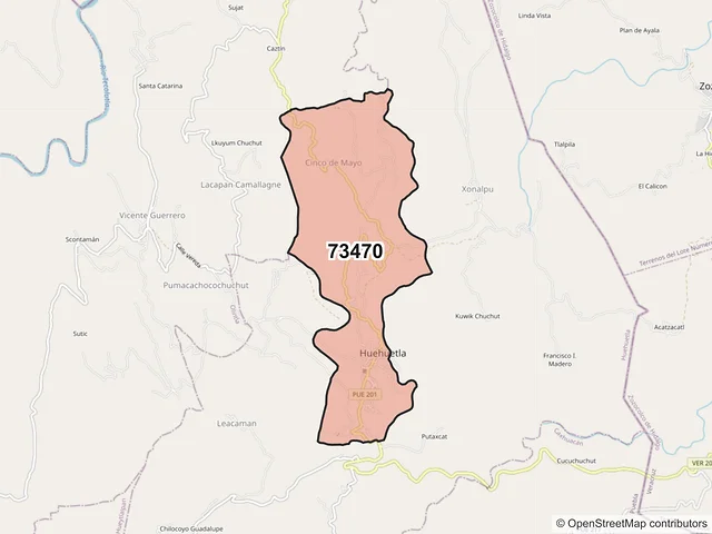 Mapa del código postal 73470, Huehuetla, Puebla