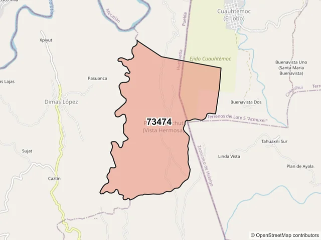 Mapa del código postal 73474, Huehuetla, Puebla