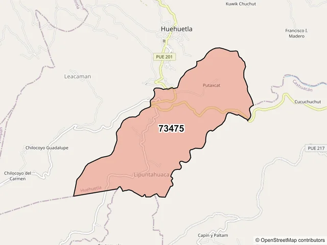 Mapa del código postal 73475, Huehuetla, Puebla