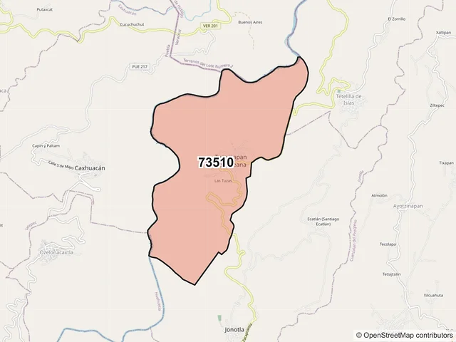 Mapa del código postal 73510, Tuzamapan de Galeana, Puebla