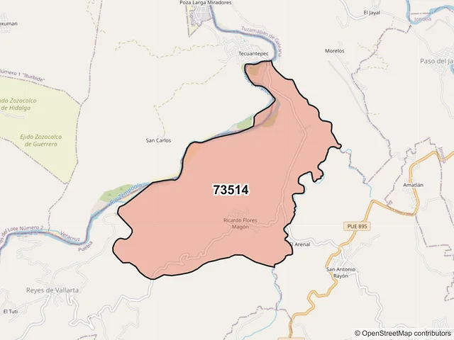 Mapa del código postal 73514, Tuzamapan de Galeana, Puebla