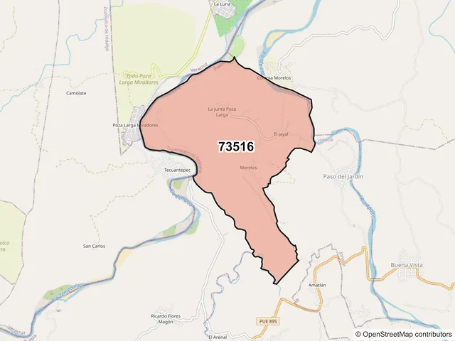 Mapa del código postal 73516, Tuzamapan de Galeana, Puebla