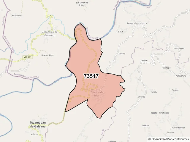 Mapa del código postal 73517, Tuzamapan de Galeana, Puebla