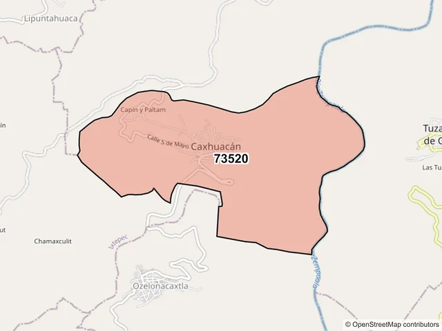 Mapa del código postal 73520, Caxhuacan, Puebla