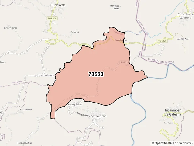 Mapa del código postal 73523, Caxhuacan, Puebla