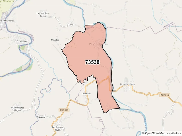 Mapa del código postal 73538, Jonotla, Puebla