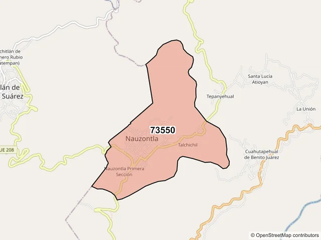 Mapa del código postal 73550, Nauzontla, Puebla