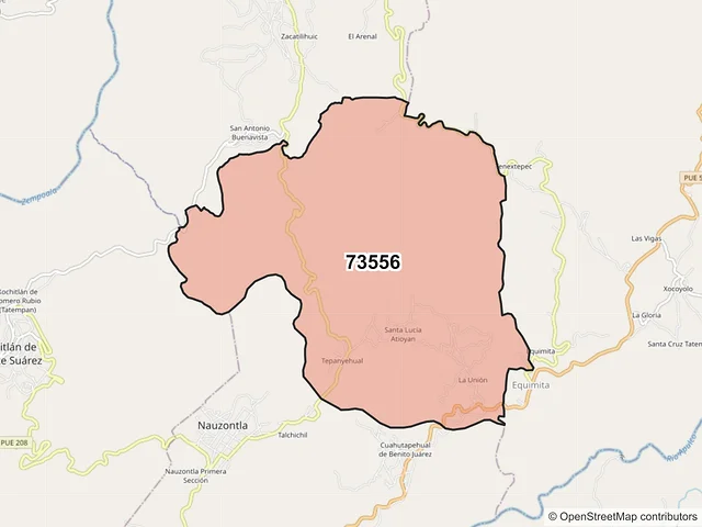 Mapa del código postal 73556, Nauzontla, Puebla